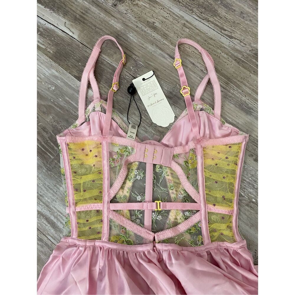 For Love & Lemons Pink Floral Corset Slip Mini Dress Lingerie Sz XXS - Picture 6 of 10